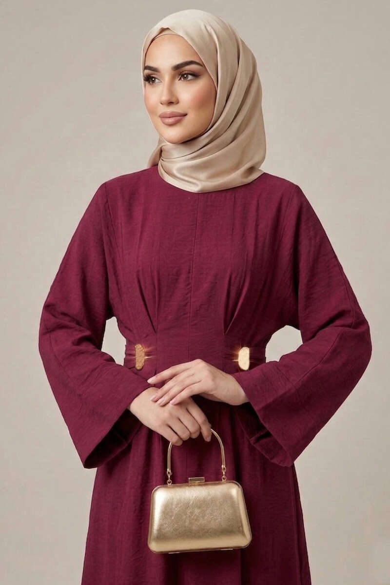 Dart Dress with Gold Buckle - Burgundy