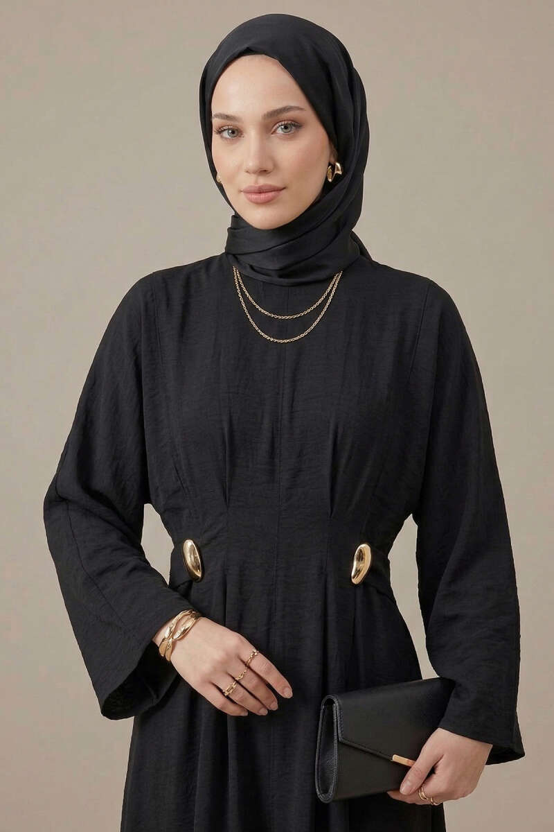 Dart Dress with Gold Buckle - Black