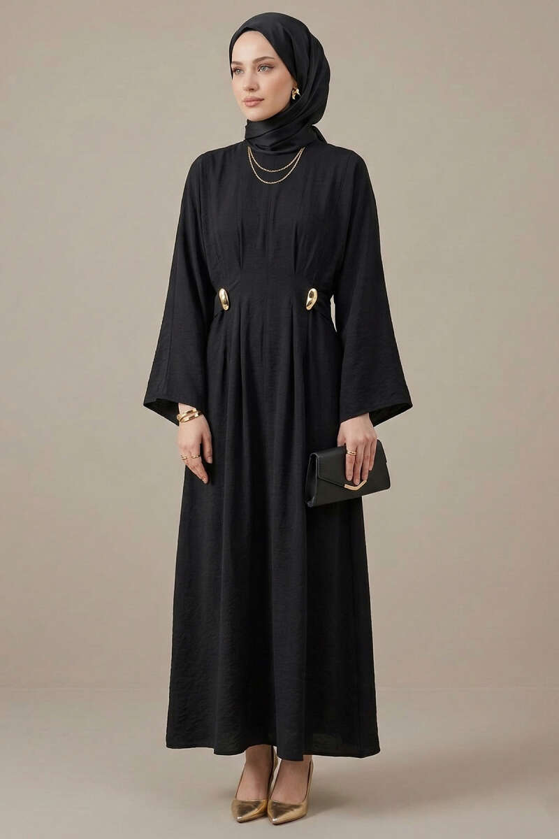 Dart Dress with Gold Buckle - Black