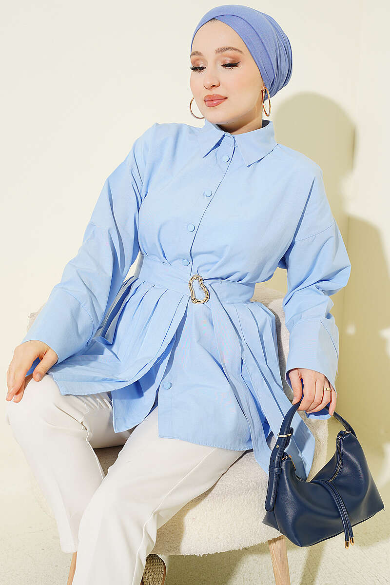 Pleat-Detail Shirt with Gold Buckle - Blue