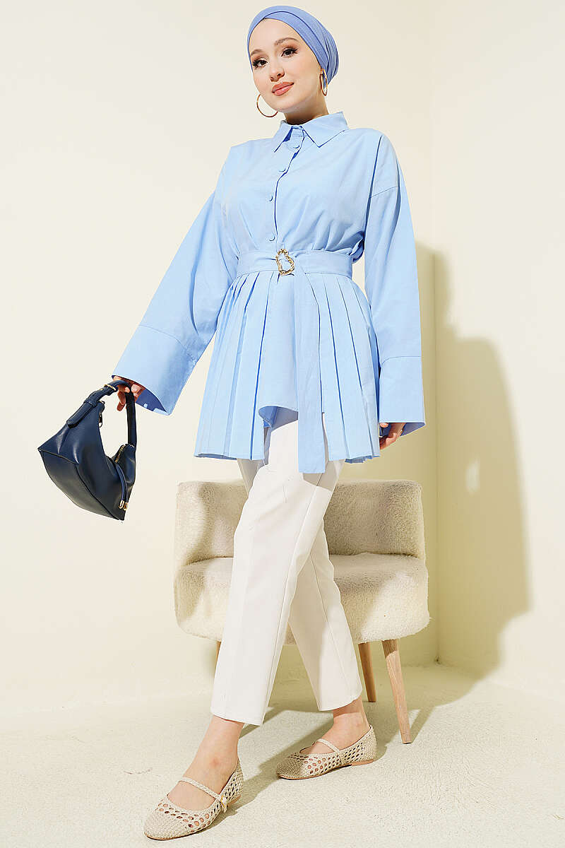 Pleat-Detail Shirt with Gold Buckle - Blue