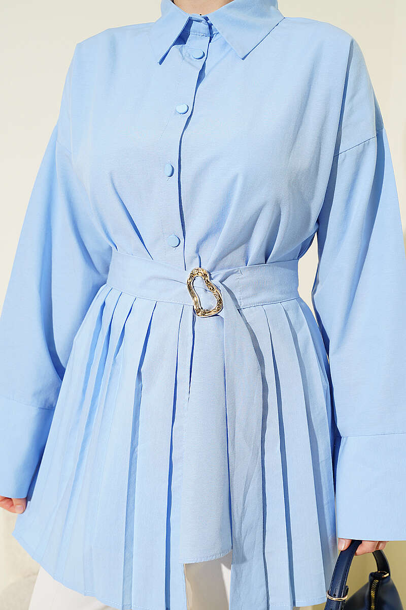 Pleat-Detail Shirt with Gold Buckle - Blue