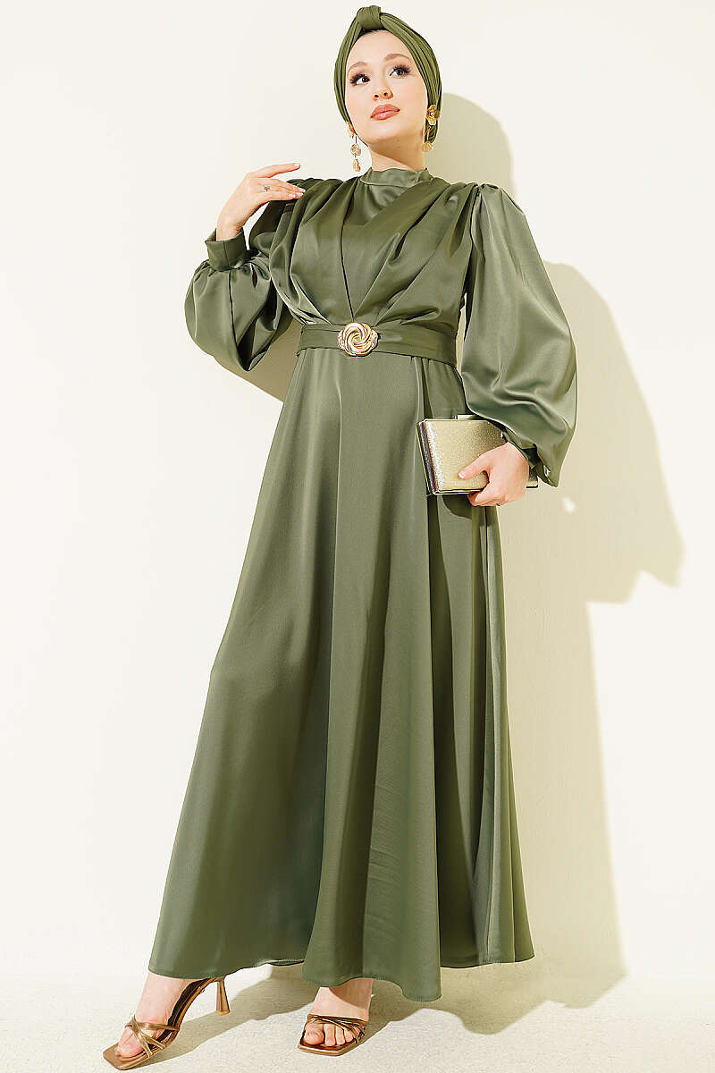 Satin Evening Dress with Gold Buckle - Khaki