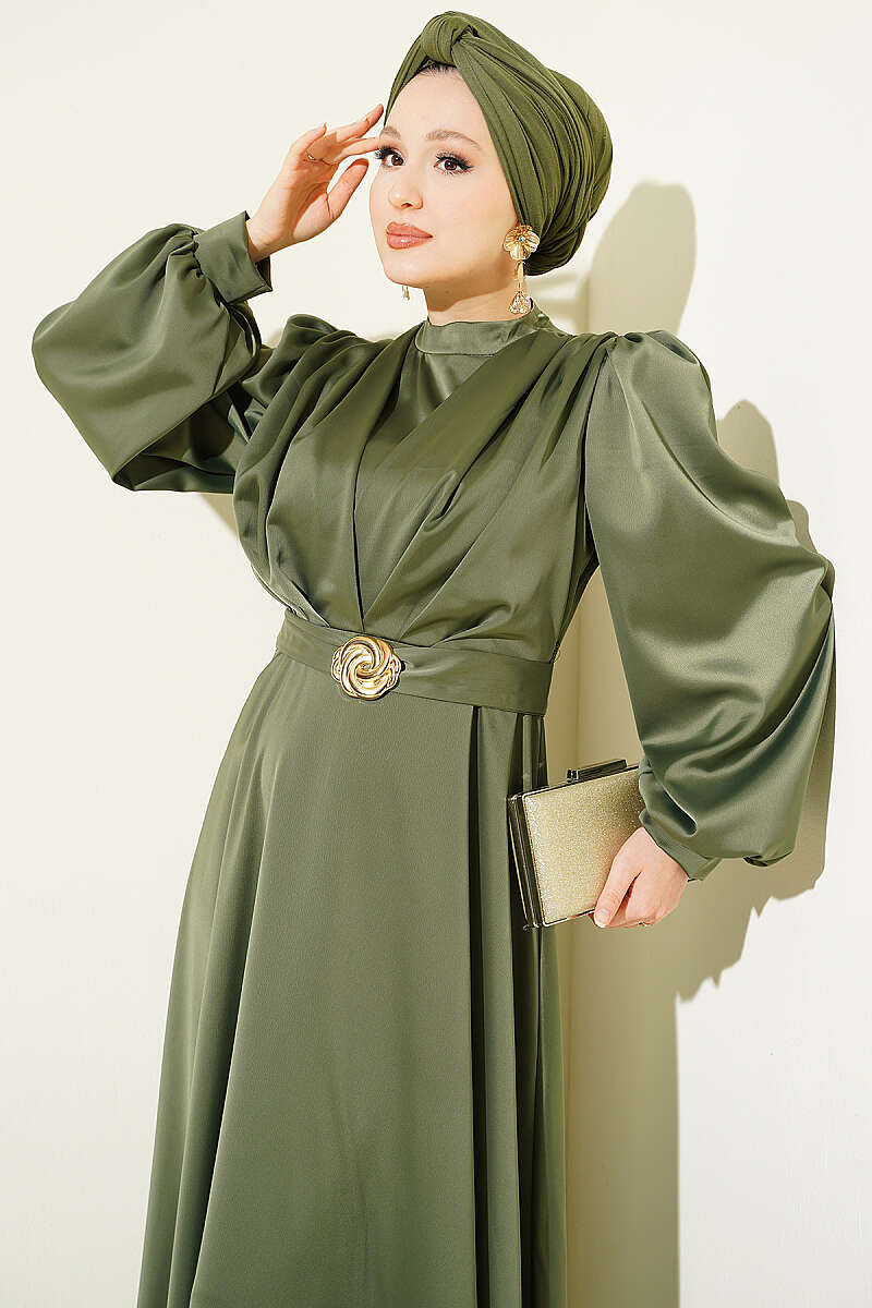 Satin Evening Dress with Gold Buckle - Khaki