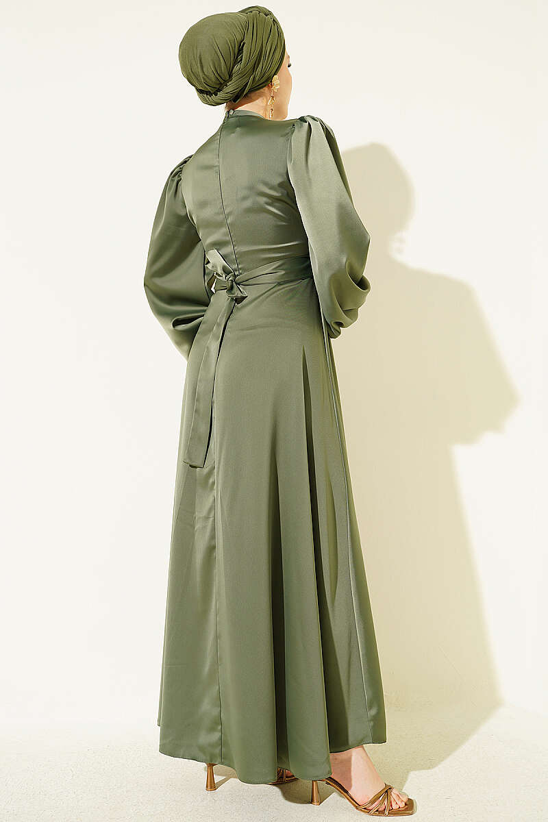 Satin Evening Dress with Gold Buckle - Khaki
