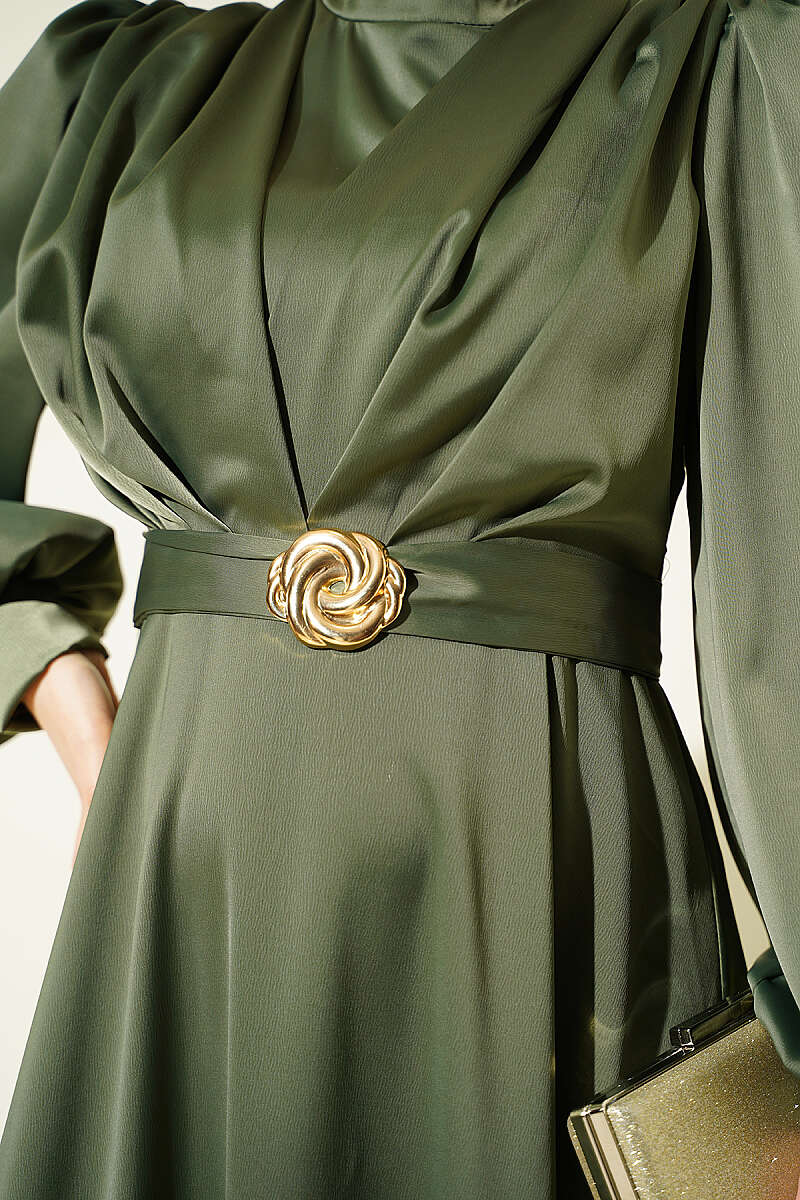 Satin Evening Dress with Gold Buckle - Khaki