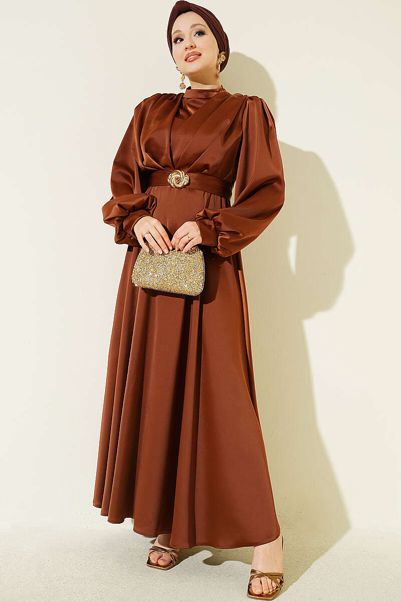 Satin Evening Dress with Gold Buckle - Brown