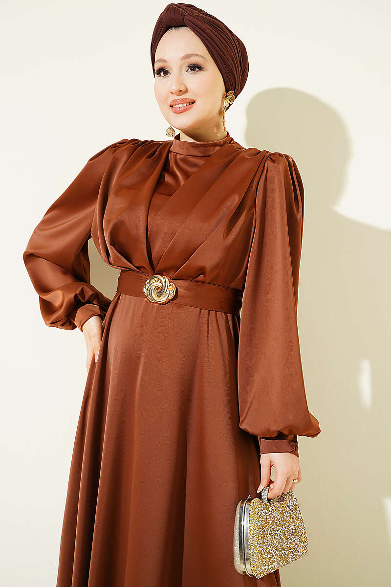 Satin Evening Dress with Gold Buckle - Brown