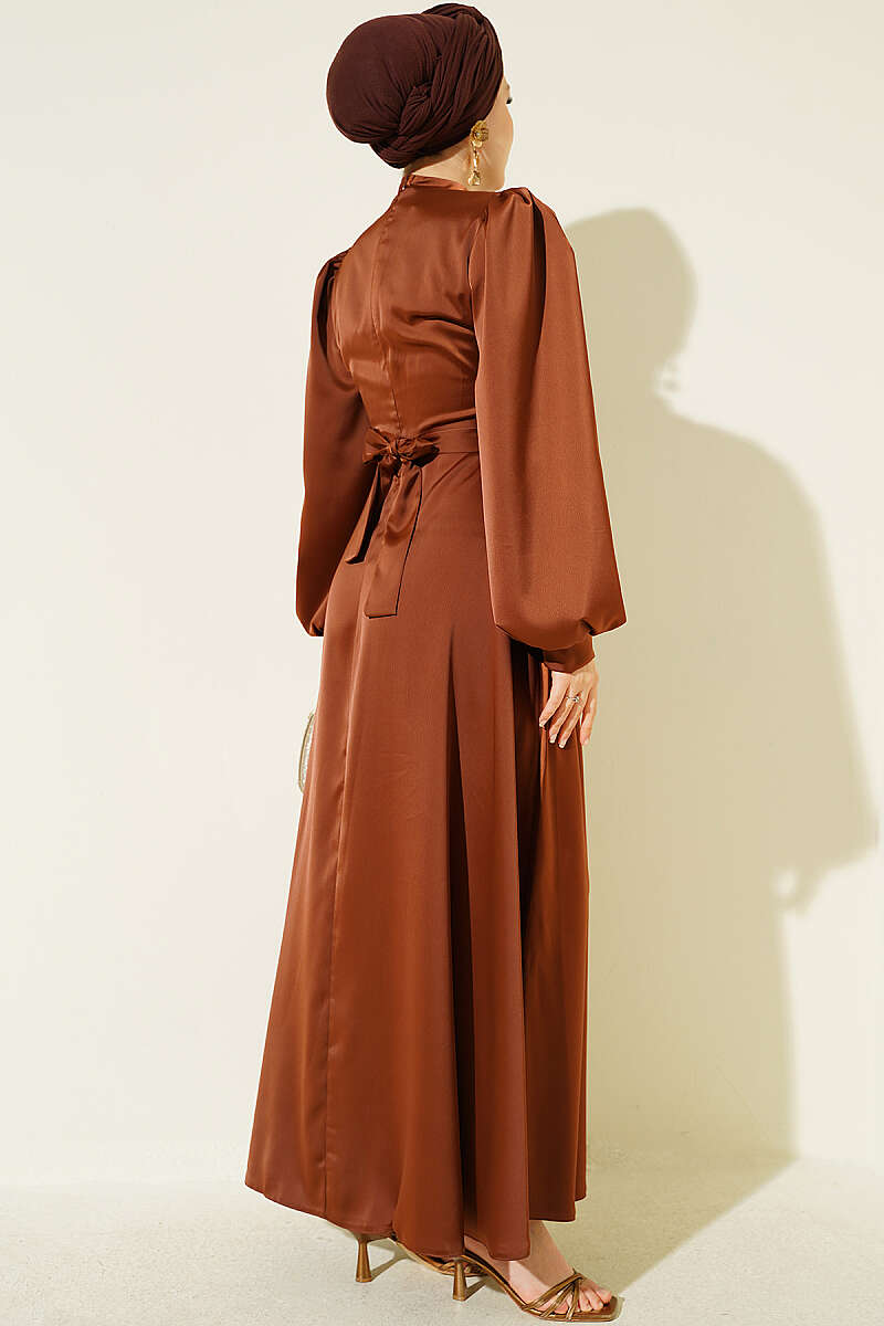 Satin Evening Dress with Gold Buckle - Brown