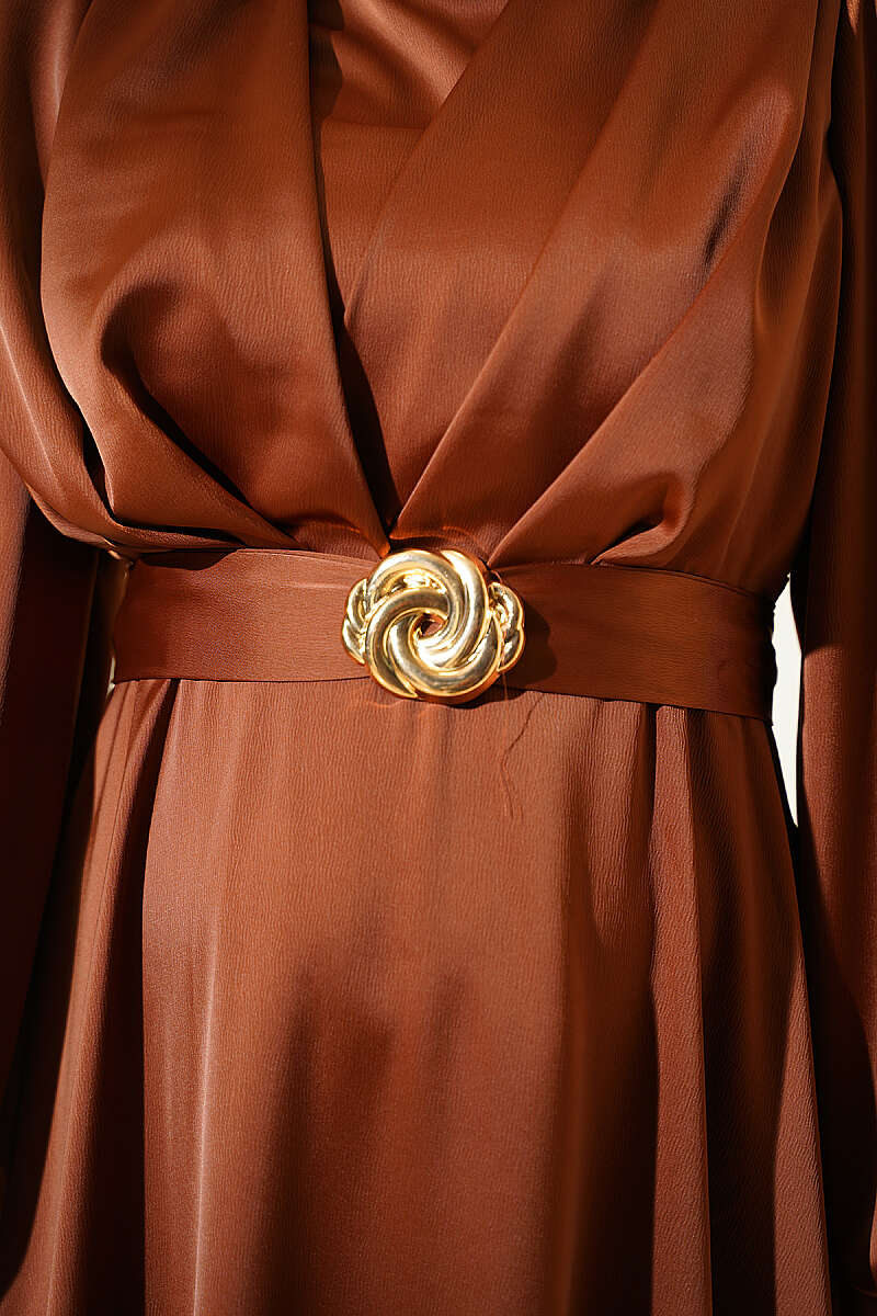 Satin Evening Dress with Gold Buckle - Brown