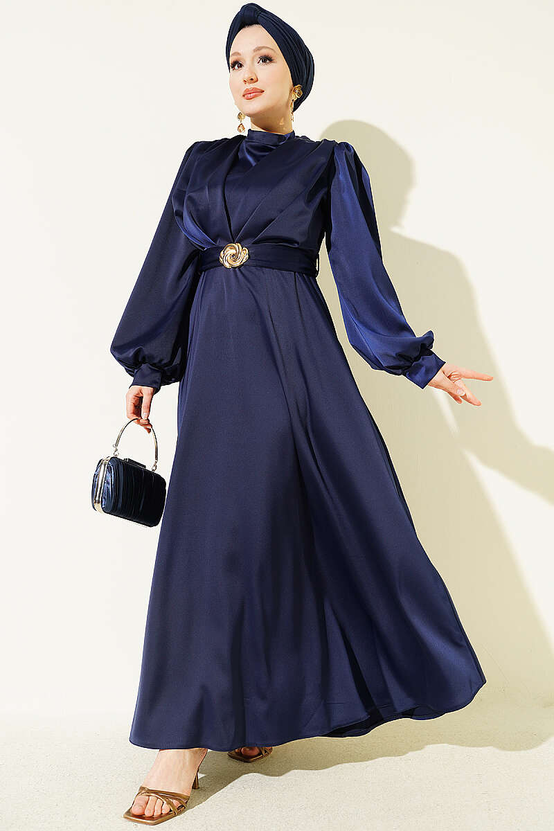 Satin Evening Dress with Gold Buckle - Navy