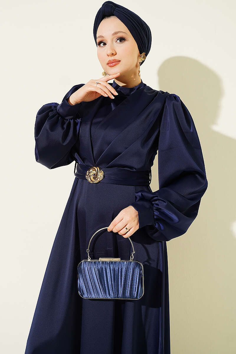Satin Evening Dress with Gold Buckle - Navy