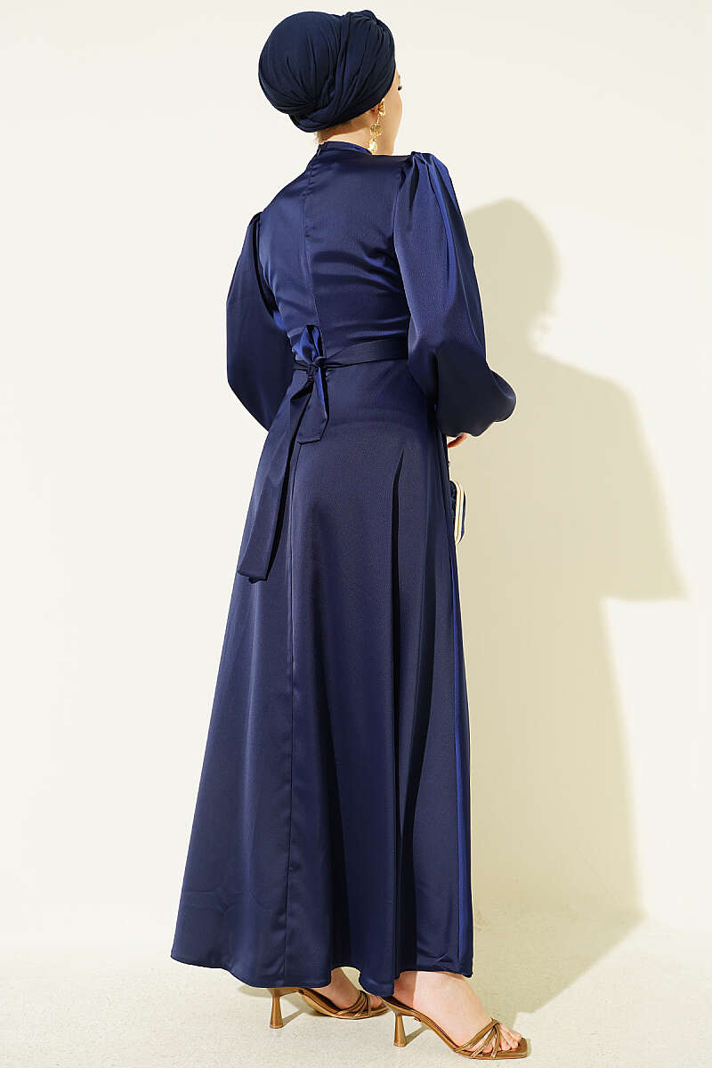 Satin Evening Dress with Gold Buckle - Navy