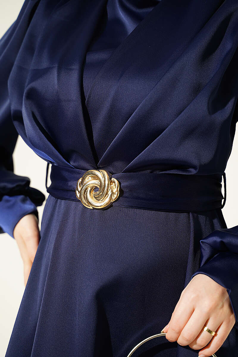 Satin Evening Dress with Gold Buckle - Navy