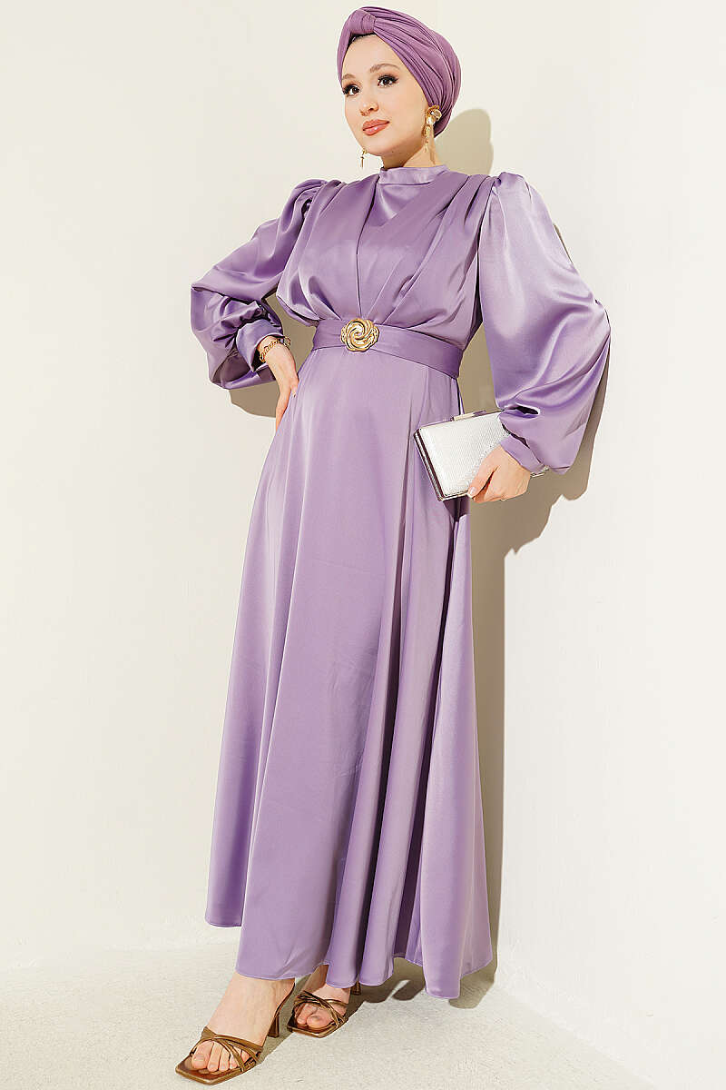 Satin Evening Dress with Gold Buckle - Lilac