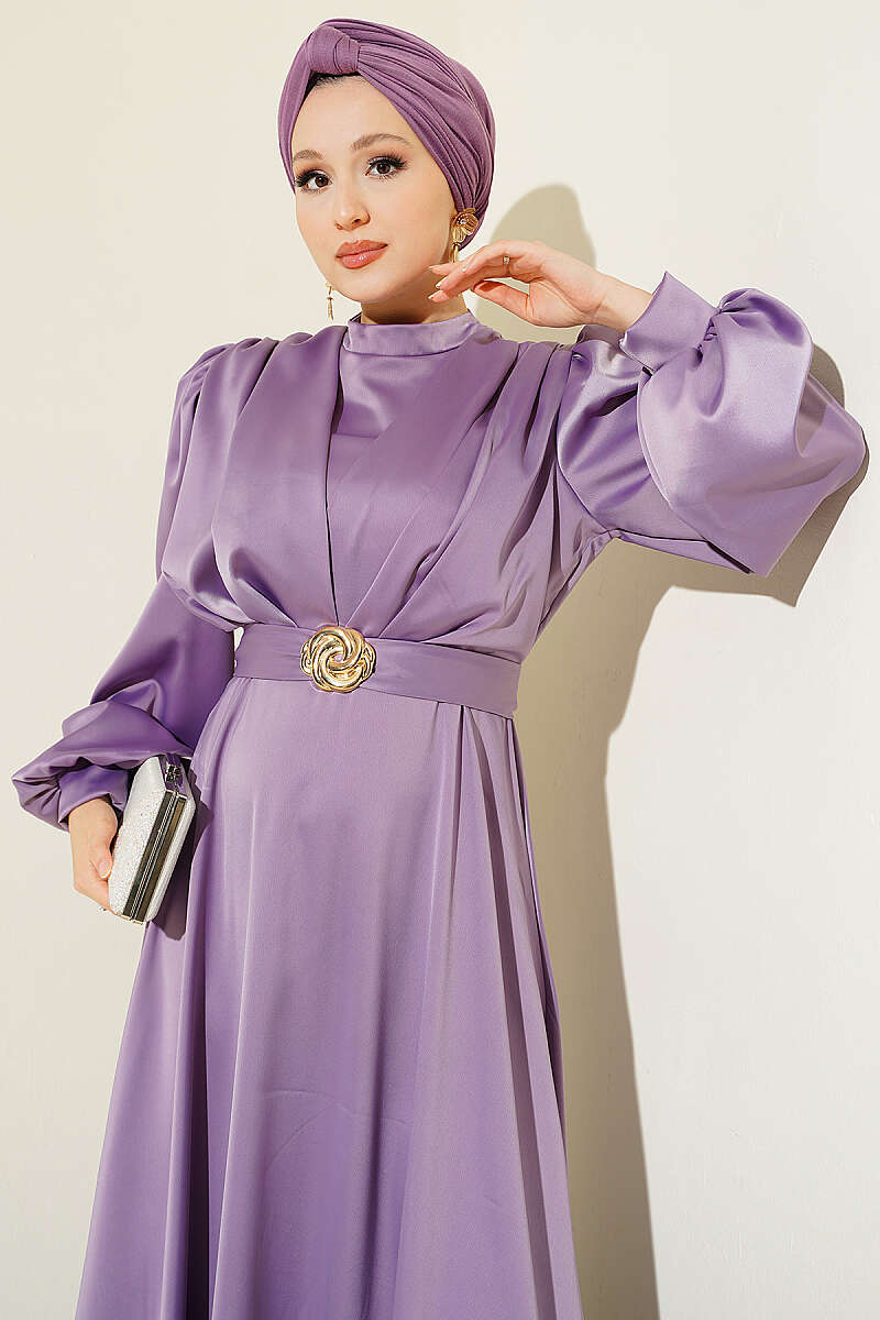 Satin Evening Dress with Gold Buckle - Lilac