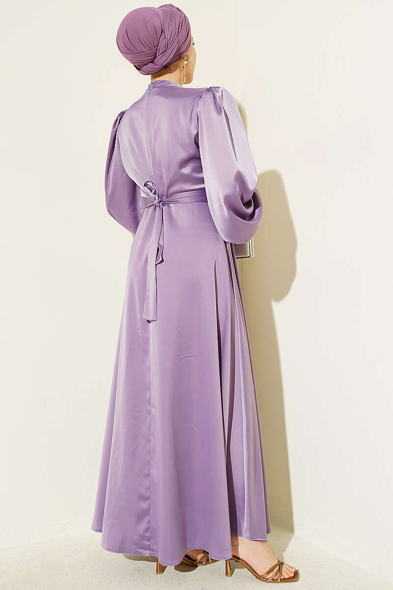 Satin Evening Dress with Gold Buckle - Lilac