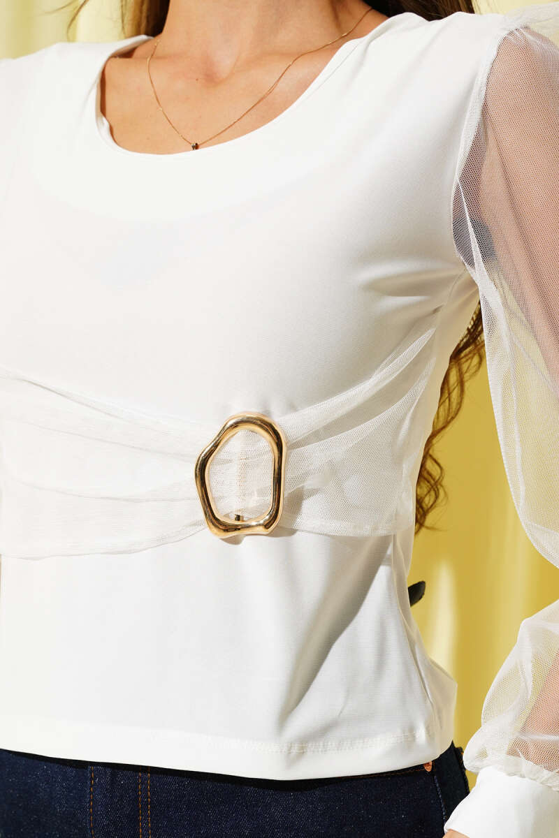 Tulle-Sleeve Blouse with Gold Buckle - Ecru