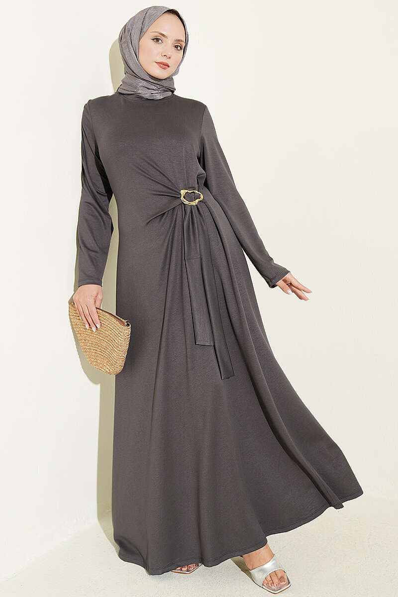Side-Tie Dress with Gold Buckle - Smoke Grey