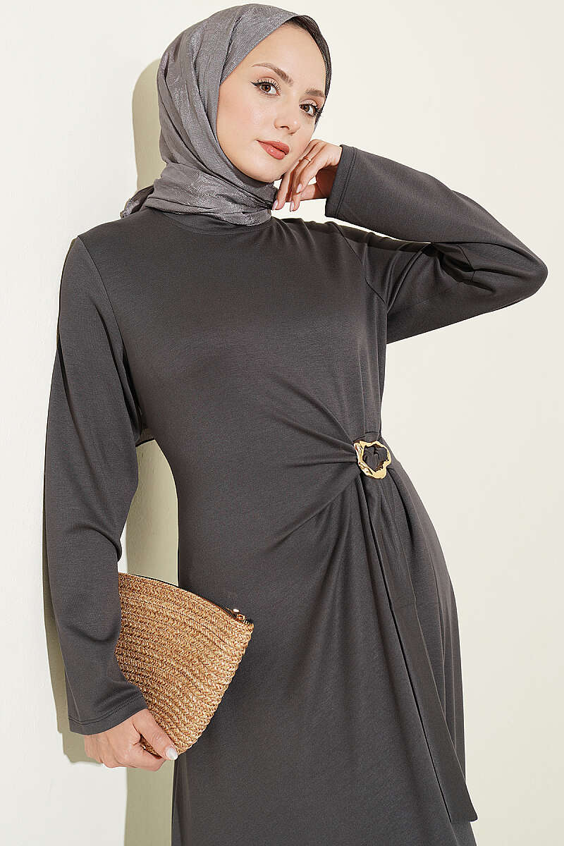 Side-Tie Dress with Gold Buckle - Smoke Grey