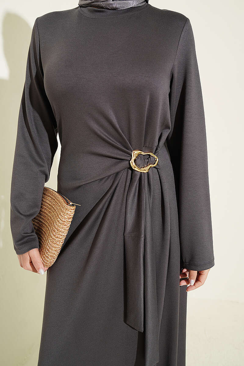 Side-Tie Dress with Gold Buckle - Smoke Grey