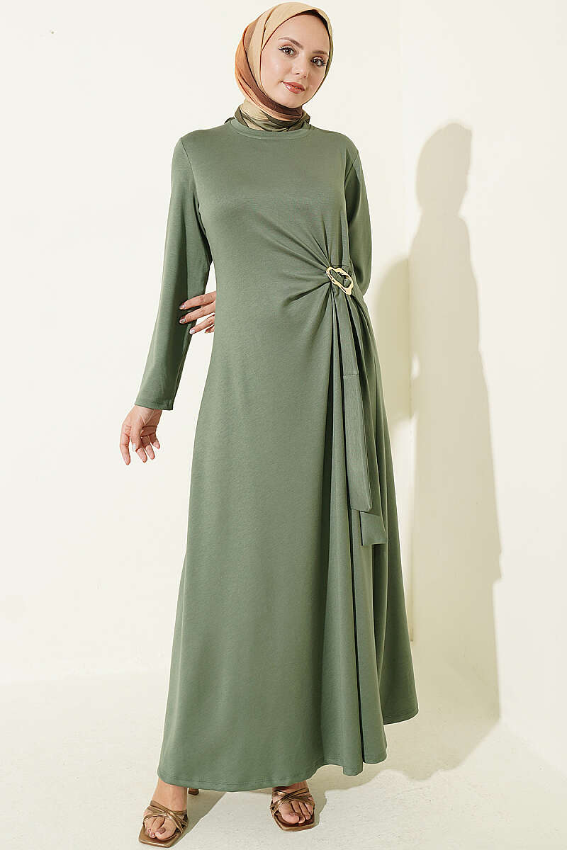 Side-Tie Dress with Gold Buckle - Khaki