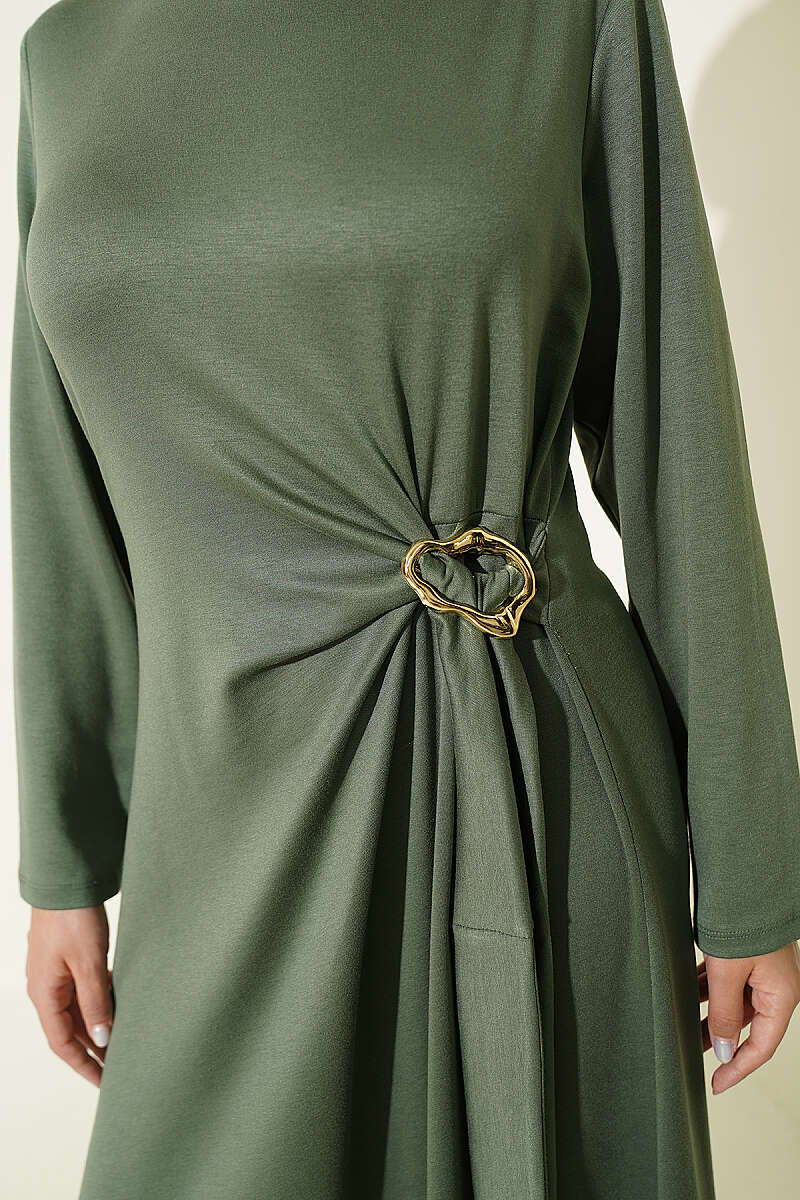 Side-Tie Dress with Gold Buckle - Khaki