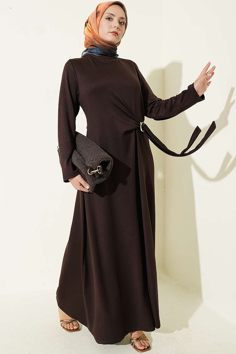 Side-Tie Dress with Gold Buckle - Brown