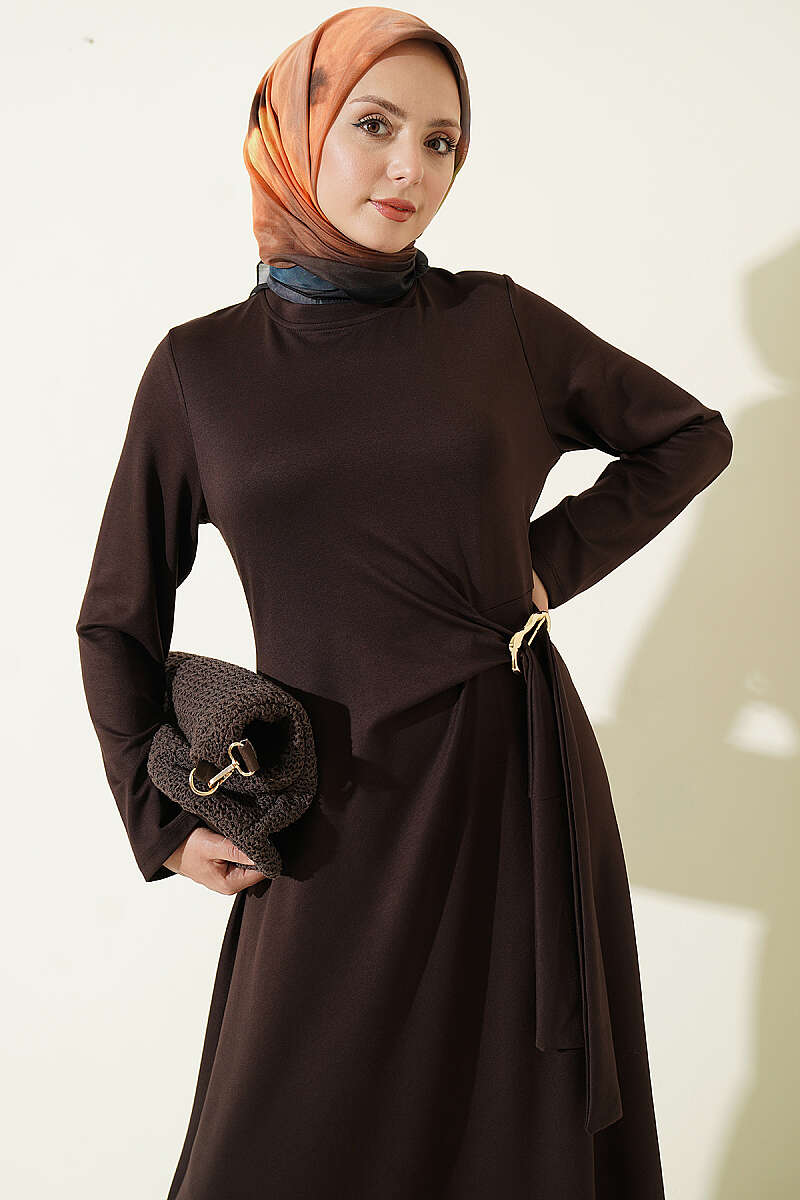 Side-Tie Dress with Gold Buckle - Brown