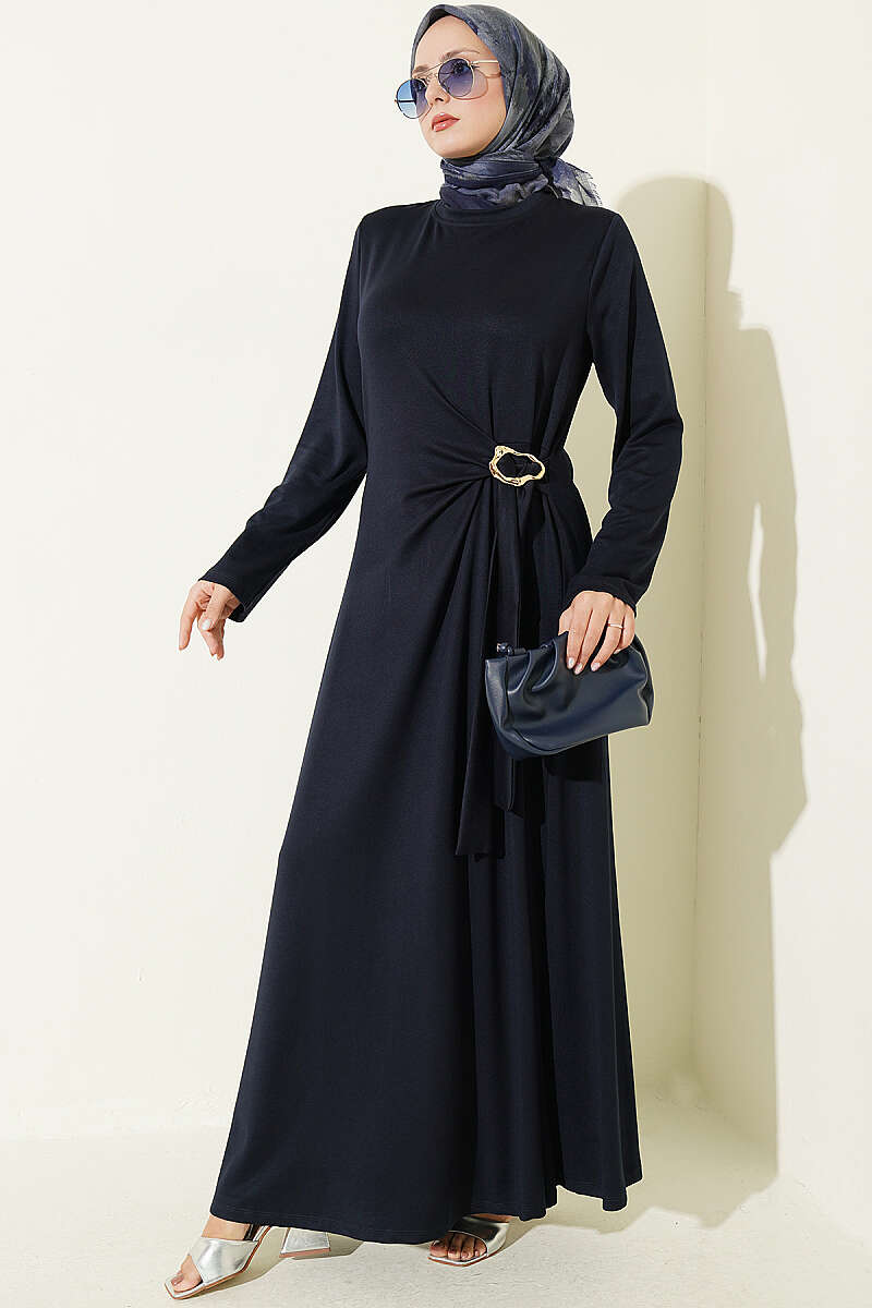 Side-Tie Dress with Gold Buckle - Navy