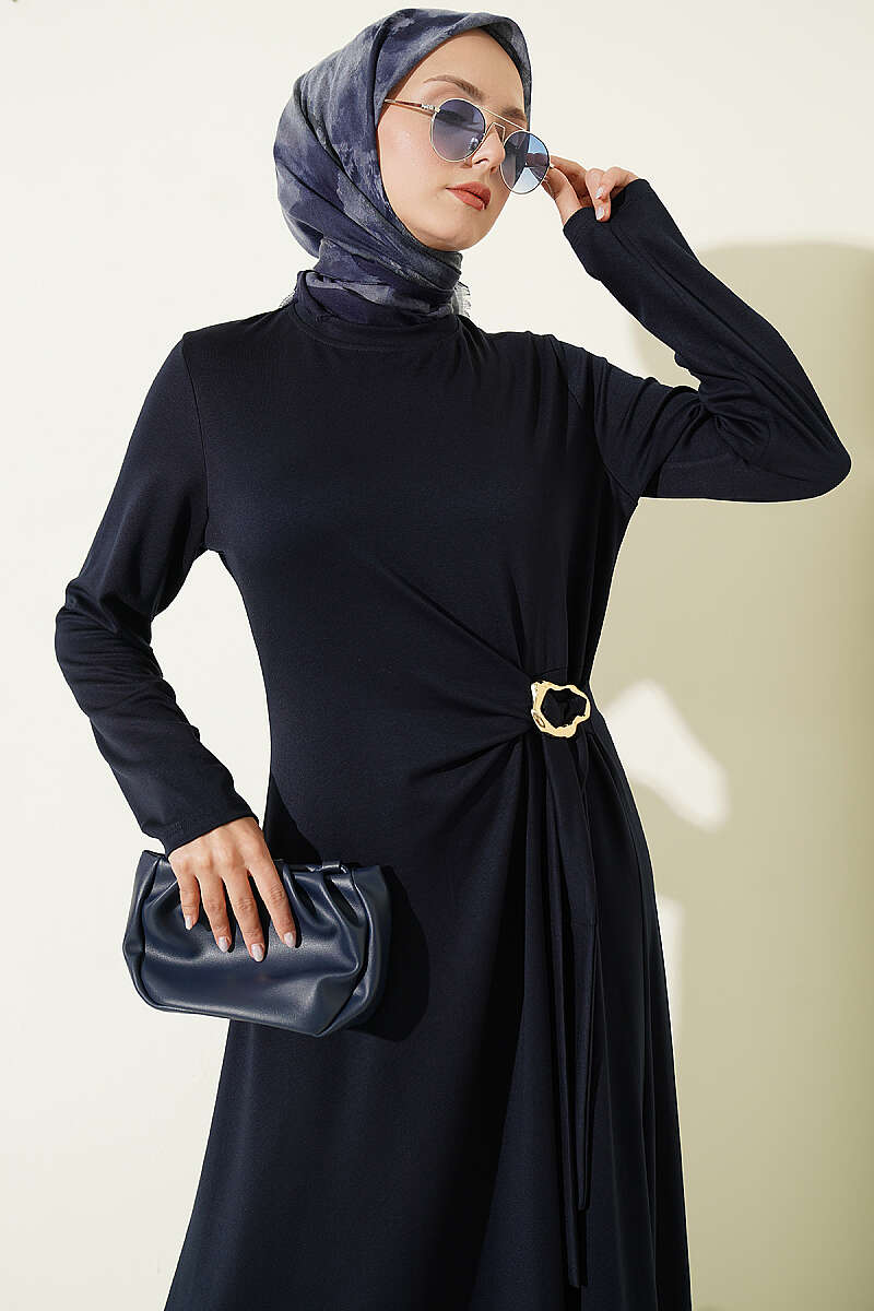 Side-Tie Dress with Gold Buckle - Navy