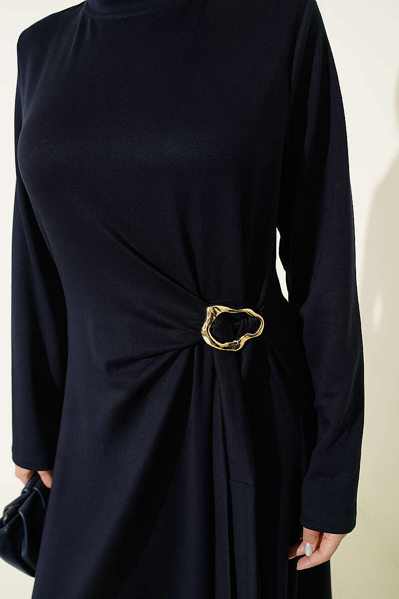 Side-Tie Dress with Gold Buckle - Navy