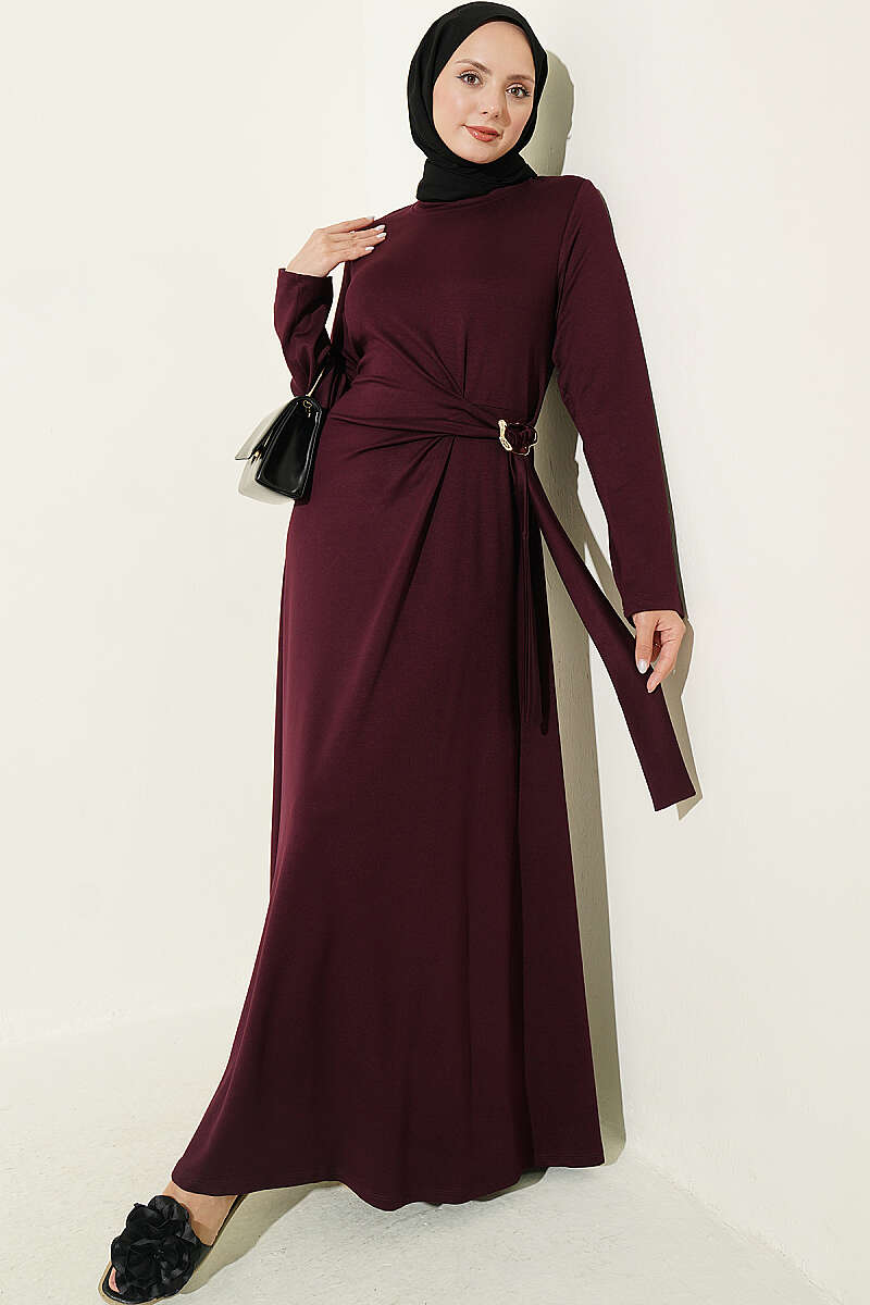Side-Tie Dress with Gold Buckle - Plum