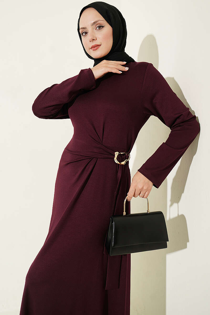 Side-Tie Dress with Gold Buckle - Plum