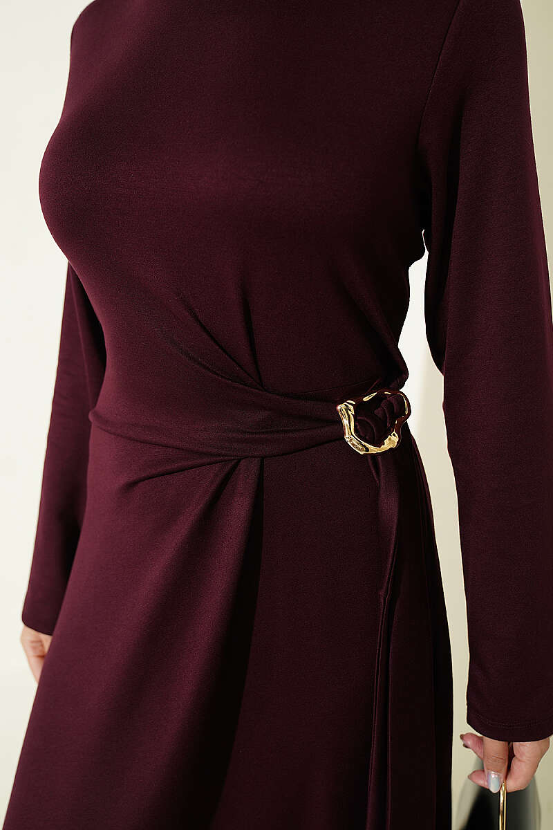 Side-Tie Dress with Gold Buckle - Plum