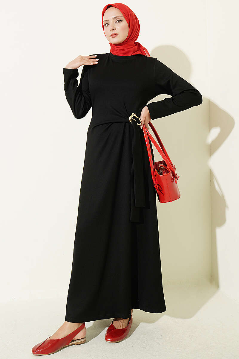 Side-Tie Dress with Gold Buckle - Black
