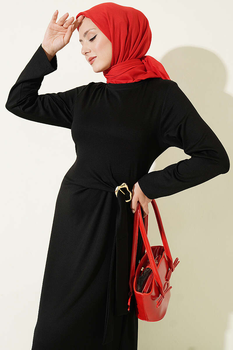 Side-Tie Dress with Gold Buckle - Black