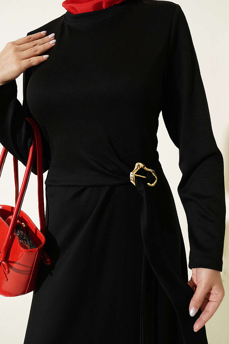 Side-Tie Dress with Gold Buckle - Black