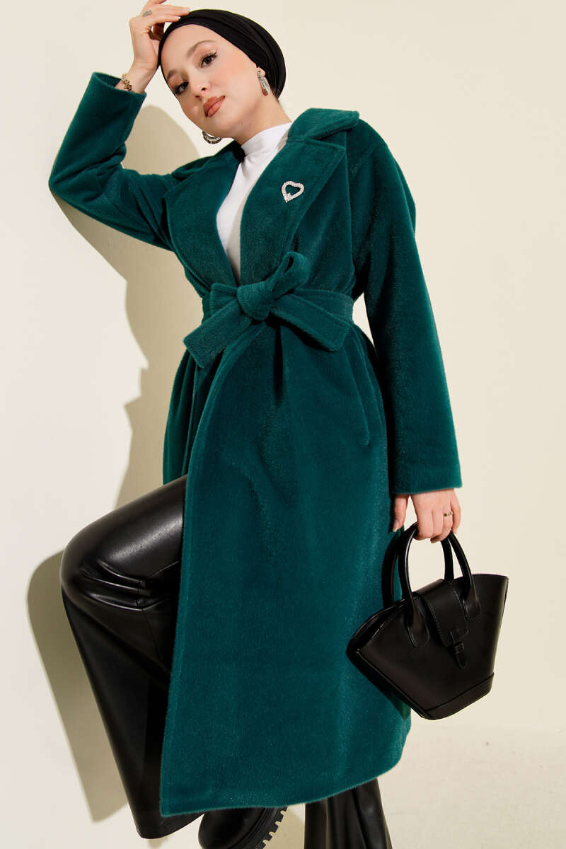 Belted Goldfox Felt Coat - Emerald