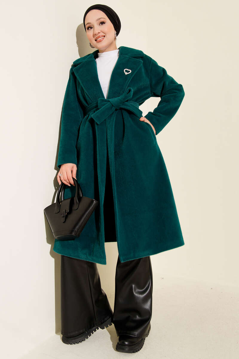 Belted Goldfox Felt Coat - Emerald