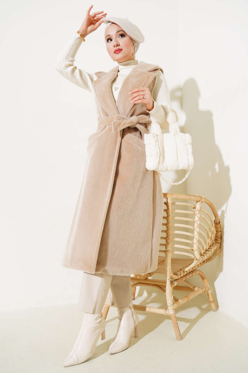 Long Belted Goldfox Vest - Beige