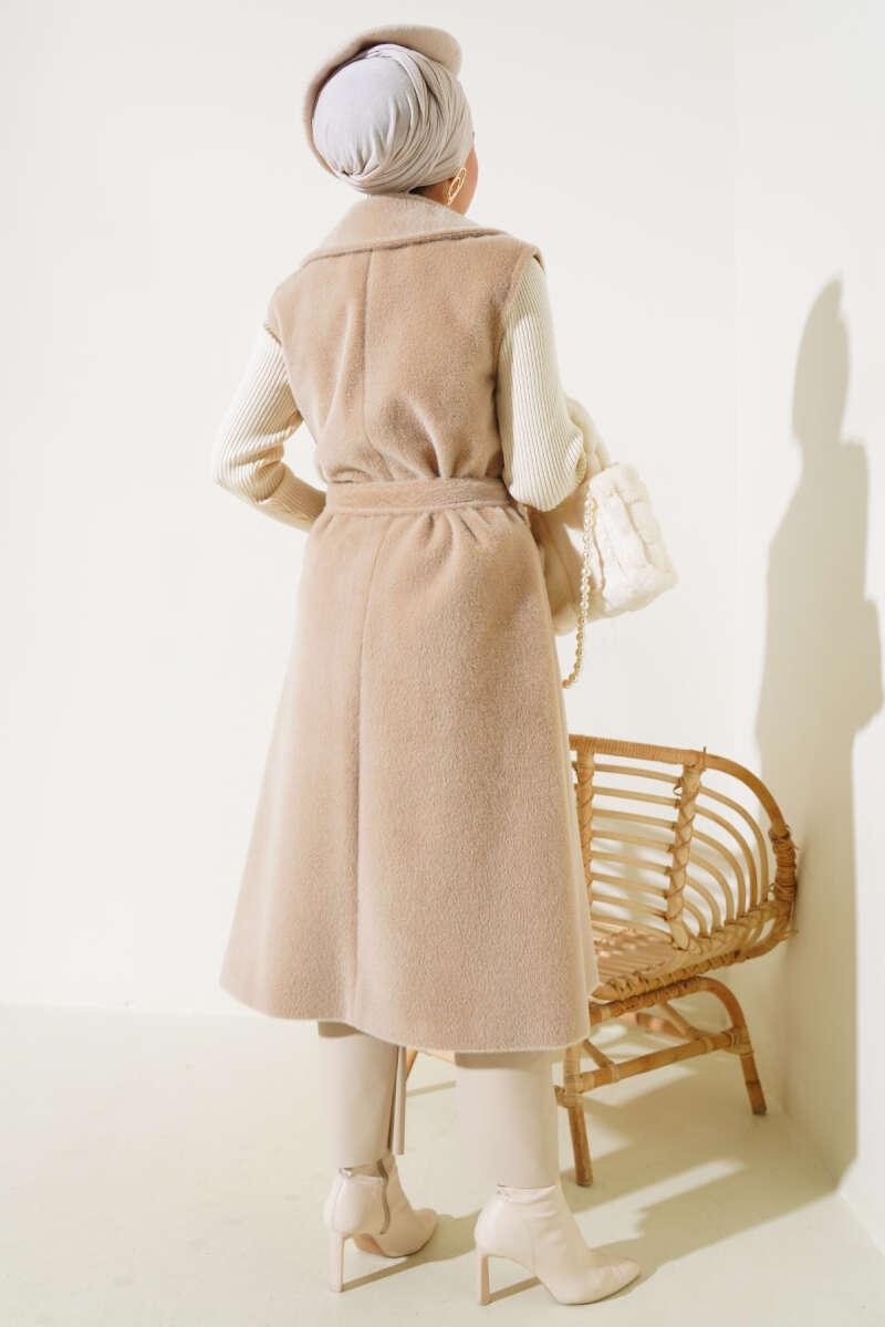 Long Belted Goldfox Vest - Beige
