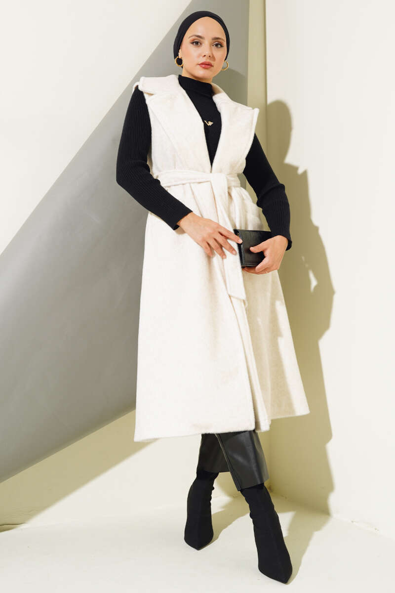 Long Belted Goldfox Vest - Ecru