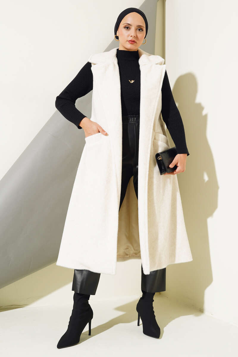 Long Belted Goldfox Vest - Ecru
