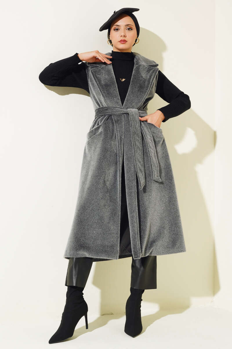 Long Belted Goldfox Vest - Grey