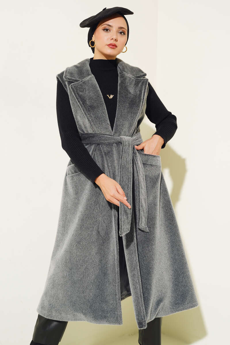 Long Belted Goldfox Vest - Grey