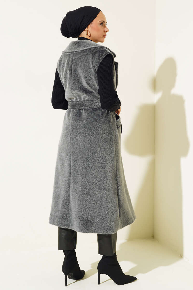 Long Belted Goldfox Vest - Grey