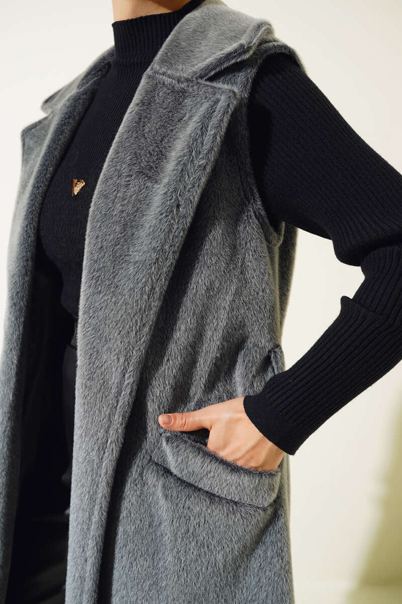 Long Belted Goldfox Vest - Grey