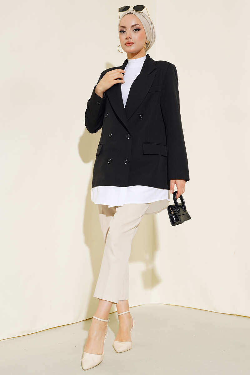 Six-Button Jacket with Shirt Trim - Black