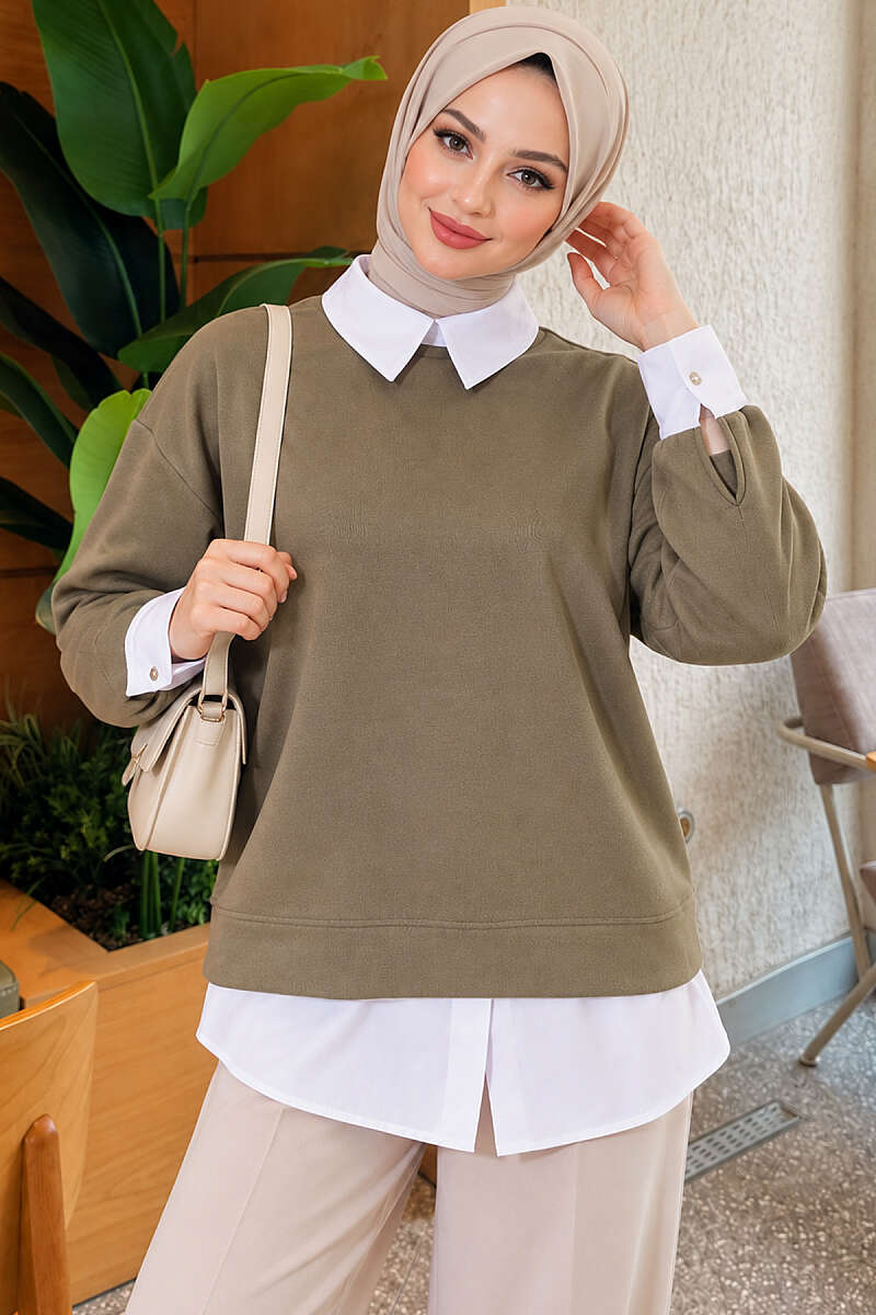 Shirt-Layered Basic Tunic - Khaki